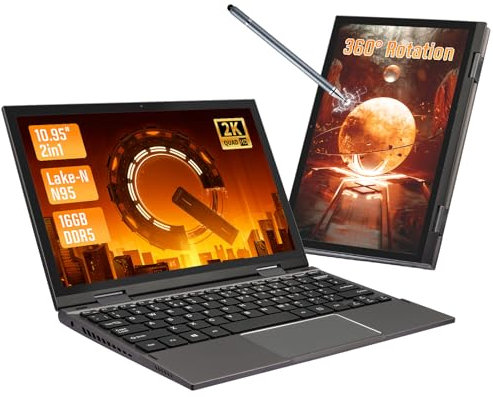 LONGEVINCE Mini Notebook Laptops, 10.95 inch 360° Rotation Ultrabook Computer, 2000 * 1200 Touch Display, Celeron N95 (up to 3.4 GHz), 16GB DDR5, Laptop with UK Keyboard (Gray, 16+512G SSD)