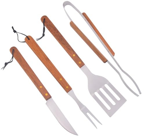 HANABASS 1 Ensemble Set Ustensiles de Barbecue Acier Inoxydable avec Poignées Outils Durables pour Camping et Cuisine Plein Air