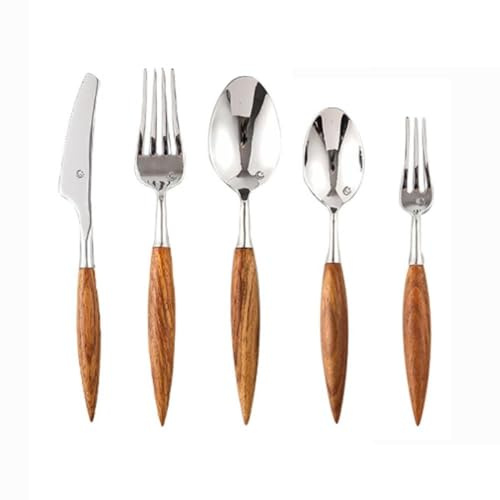 CRBUDY Ensemble de Couverts de Cuisine en Bois de Rose Massif avec Manche en Bois Massif, argenterie en Acier Inoxydable, Couverts de Table, Couteau à Steak, Fourchette, cuillère à café (5 pièces)