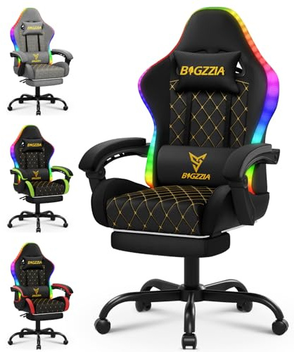 bigzzia Sedia Gaming con LED RGB, Sedia da Gaming Ergonomica con Supporto Lombare e Poggiapiedi, Sedie da Gioco Regolabile e Girevole con Una Capacità di Carico di 150 kg(Nero