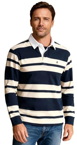 BRIAN OAK LONDON Mens Navy and Cream Striped Rugby Shirt, Bold Stripe Long Sleeve Polo Top (UK, Alpha, XL, Regular, Regular, Navy/Cream)