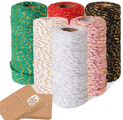 Gift Wrapping String, 6 Rolls Christmas Coloured Cotton Twine, Perfect for Gifts, Crafts & Decorations(2mm*600m)