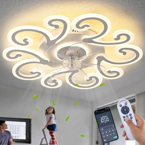 ChenSolara Modern Ceiling Fan with Light and Remote, 6-Speed Dimmable LED Fandelier, Low Profile Flush Mount Ceiling Fan with Swirl Design for Bedroom, Living Room, and Dining Room – White
