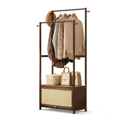 VAVVIP Heavy Duty Bamboo Clothes Rail with Rattan Storage Cabinet, Freestanding Garment Rack with 2-Tier Shoe Cupboard, Top Shelf & Side Hooks, Scandi Style Open Wardrobe for Bedroom,