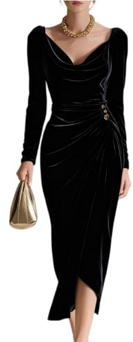 Vestido Mujer Elegante Manga Larga - Ropa Mujer Elegante Terciopelo Cuello En V Slim Fit, Dresses Largo Exquisito, Dresses for Women Glamour Adecuado para Primavera Y Verano Negro L