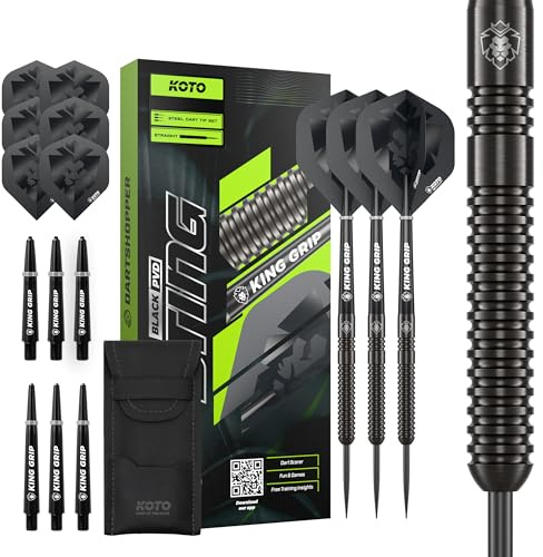 KOTO – Sting Black 90% Tungsten Darts, 10G-32G, Schwarz, Mit Extra Flights und Shafts, Steeldarts, Dartpfeile Profi Set | 25 G Steeldart Pfeile, Inkl. 3 Barrels, 6 Dart Flight & 6 Shaft, Mit Dart-Wallet, Präzise Gefrästem Ringgrip