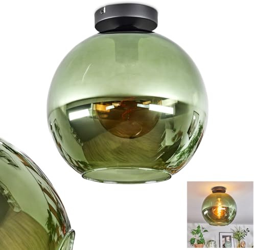 HOFSTEIN Deckenleuchte Koyoto, 1-flammige Deckenlampe aus Metall/Glas in Schwarz/Grün, moderne Leuchte im Retro/Vintage-Design (Schirm Ø 30 cm), E27, Esszimmer, Küche, Wohnzimmer