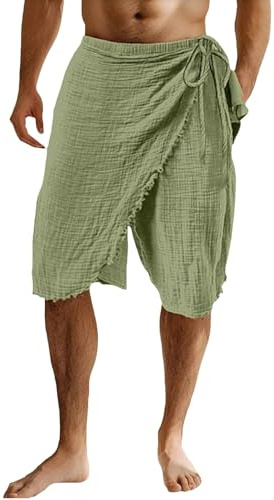 Falda de pareo envolvente de mezcla de lino para hombre, longitud 3/4, ajuste relajado, cintura elástica, con lazo en la cintura, pantalones cortos de harén de playa, pantalones casuales para