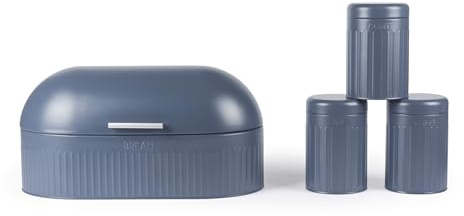 Progress Mellow 4 Piece Kitchen Storage Set – Bread Bin & Tea, Coffee, Sugar Canisters, Powder Coated Blue Finish, Embossed Lettering Countertop Set | 4-Piece Set, Powder Coated Blue Finish, Embossed Lettering, Durable Metal Construction, Kitchen Worktop Storage