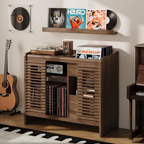 IRONCK Vinyl Record Player Stand with Wall Mount, Vinyl Record Storage Stand with Charging Station, Retro Wood Record Player Cabinet up to 350 Albums for Music Living Room and Bedroom, Walnut Brown