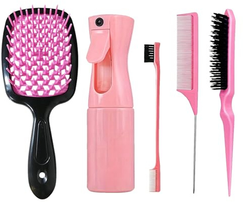 Cesujowaz Lockenbürste Curly Hair Brush Set, Set di spazzole per Capelli Ricci 5 Pezzi con flacone Spray, Spazzola districante, Pettine per Capelli bagnati e asciutti per Bambini e Adulti, Rosa