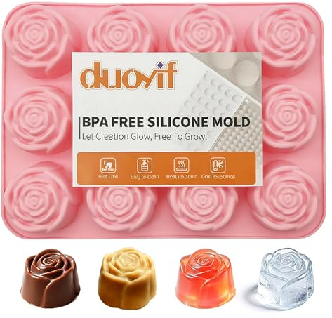 duoyif Silicone Mould for Roses Flowers 12 Cavities Diameter 5.5 cm Chocolate Mould Praline Shape BPA-Free Non-Stick Flower Moulds for DIY Chocolate Pink Ice Cubes Foam Candy 1 Piece (12 Cavities