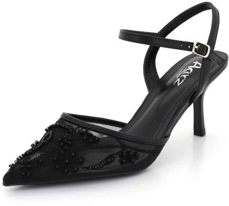 AARZ LONDON Womens Embroidered Mesh Slingback Pointed Toe Court Shoes Elegant Low High Heel Bridal Wedding Party Evening Pearl Floral Ladies Sandals Size
