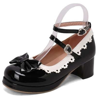 TNMIUH Women Lolita Mary Jane Shoes Patent Leather 5cm Chunky Heels Pumps | 5cm chunky heel Mary Janes with T-strap and heart buckles. Perfect for cosplay and daily wear in black, pink, red, white.