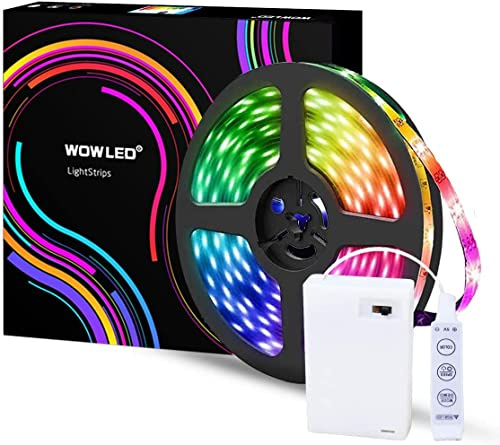 WOWLED - Tira de luz LED 5050, multicolor RGB, 2 metros, flexible, impermeable, funciona con pilas, decoración de Navidad, para la casa, TV, PC, luz de fondo o para el armario.