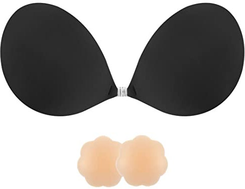 SHINYMOD Strapless Bra, Invisible Backless Bra Breast Lift Up Push Up Padded Sticky Bras Bigger Bust Self Adhensive Nipple Cover Reusable Bra for Wedding Dress Swimsuit Women, Black, E