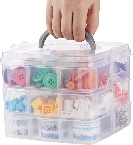 ilauke Sortier Aufbewahrungsbox Sortierbox mit Tragegriff,3 x 6 Fächern Stöckige Aufbewahrungsbox Plastik Transparent Stapelbar für Die Organisation von Nähfäden,Spulen,Perlen,Schmuck,Spielzeug
