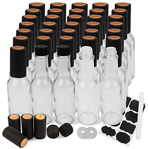 Encheng 35 Pack 5oz Hot Sauce Bottles with Lids,Glass Woozy Bottles with Dripper Inserts and Shrink Capsules,Small Glass Wine Bottle for Homemade Sauces,Oils,Vanilla Extracts,Dressings,Gifting