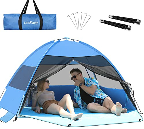 Großes, einfach aufzubauendes Strandzelt, UV-Schutz, mit erweitertem Boden und 3 aufrollbaren Netzfenstern für 3–4 Personen, tragbares Schattenzelt für Outdoor, Camping, Angeln (blau)