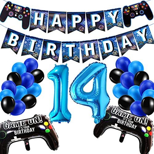 Geburtstagsdeko Jungen 14 Jahre, Gamer Deko Geburtstag, Happy Birthday Girlande Banner Deko Junge, Gamecontroller Luftballons Schwarz Blaue Ballons Set für Kinder Videospiel Thema Party Zubehör