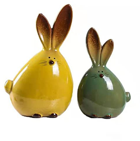 Chiyyak 2 stycken keramiska hare figurer söta långa öron kanin staty djur skulpturer påskhare ornament modern dekoration för hemmakontor rum påsk dekoration