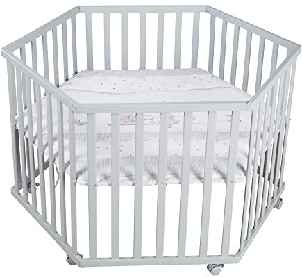 roba Laufgitter 6-eckig aus Holz natur - Höhenverstellbar - inkl. Einlage Sternenzauber - Mobiler Laufstall mit Bremsrollen - Holz taupe