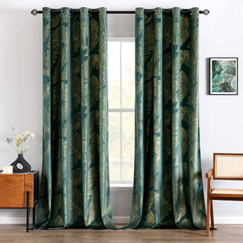 MIULEE Samtvorhänge mit Goldblattmuster, grüne Vorhänge für Wohnzimmer, 2 Stück, 140 x 260 cm, elegante Dekoration für Schlafzimmer, weicher Samt