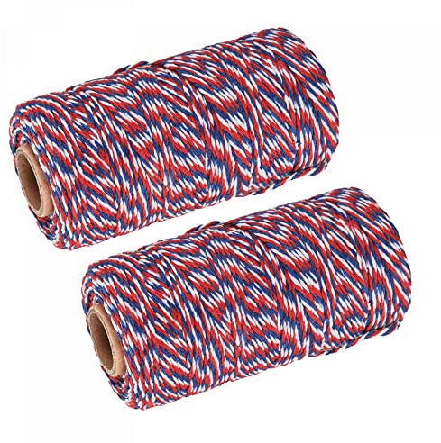 sourcing map Ficelle d'emballage en coton 100 m rouge, bleu et blanc pour emballage cadeau, ficelle de Noël, lot de 2