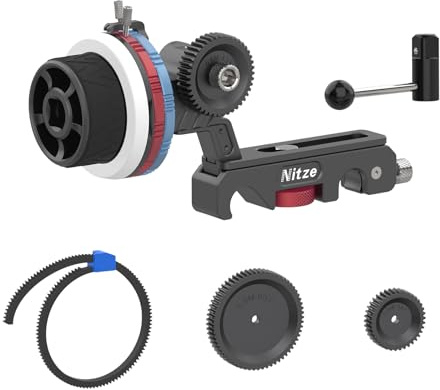 Nitze 15mm Follow Focus Kit with 3 Reversible Drive Gears, 3 Marking Disks, Gear Ring Belt and Crank, A/B Hard Stops and 360° Infinity Zoom Adjustable Dual Rod Cine Follow Focus - MF15D