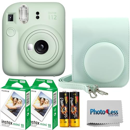Fujifilm Instax MiniI 12 Instant Film Camera Mint Green, Fujifilm Instax Mini Twin Pack Instant Film 20 Prints, Prtotective Case, Gift Bundle
