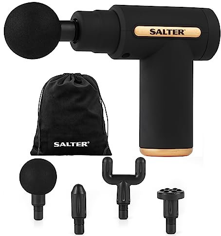 Salter EE7427BLKSTKEU7 Mini Massage Gun – 4 Massage Heads, LCD Panel, Electric Handheld, Rechargeable, 6 Intensity/Speeds, Includes Carry Bag and USB, Relaxation, Deep Massage, Tension Relief, Black