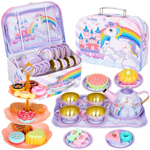 Hnyoou Tea Set for Toddlers,33 Pcs Kids Tea Set Tea Sets for Children,Tea Party set for Children Kids with Food Dessert Tray Teapot Kitchen Accessories for Boys Girls Pretend Play Age 3 Years