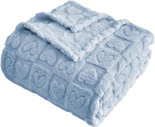 FY FIBER HOUSE Throw Blankets with Heart Checkered,Soft Warm Blankets for Lover Mom Father Friends Gifts,Washable Lightweight Fuzzy Blanket for Couch Sofa Bed All Season(Light Blue,50x60)