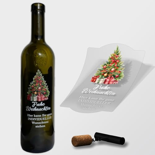 Weihnachten Flaschenetiketten personalisiert mit Wunschtext - 4 Stück 85x130mm- transparente Aufkleber für Geschenk - weihnachtliche Flaschen Aufkleber (Motiv Weihnachtsbaum)