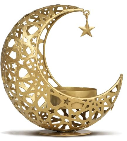 COLOFALLA Mondform Teelichthalter Ramadan Vintage Teelichthalter Kerzenhalter Kerzenständer Eid Mubarak Ramadan Deko Ramadan Geschenke Tischdeko für Valentinstag (golden)