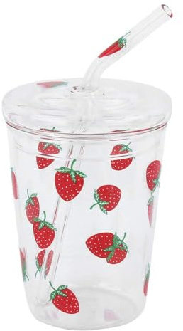 Glass Tumbler with Straw and Lid, 300ml/10 Oz Cute Strawberry Mug Clear Iced Coffee Glasses Cups Glass Jar Tumbler for Ice Water, Juice, Tea, Milk, Smoothie and Cold or Hot Drinks