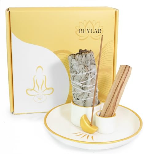 BEYLAB 4 in 1 Incense Burner Holder moon, Palo Santo Holder, Sage Holder for Burning, Incense Holder for Sticks, Smudge bowl, 5.9 inches Ceramic Ash Catcher Tray for Meditation Yoga Room (moon)