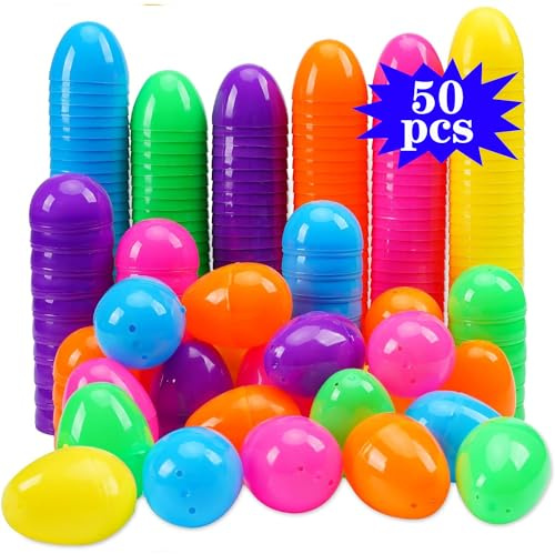 Plastic Fillable Easter Eggs,50 Pack 2.44(6.2cm) Bright Colors Artificial Easter Eggs to Fill,Empty Candy Easter Eggs for Easter Egg Hunt,Easter Basket,Presents, Treats Or Easter Theme Party Favor