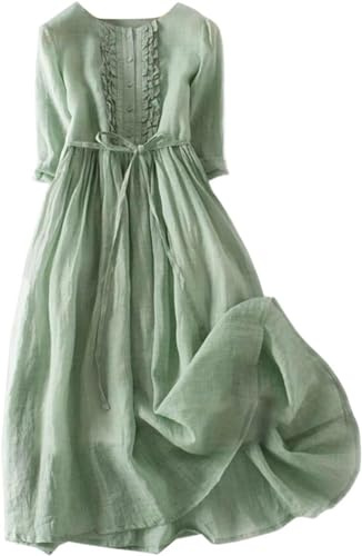 CheJooe Dam linneklänning sommar kortärmad enfärgad rund hals ledig lös passform midi-klänningar damer boho säckig strand semester elegant passande klänning, grön-a, XXL