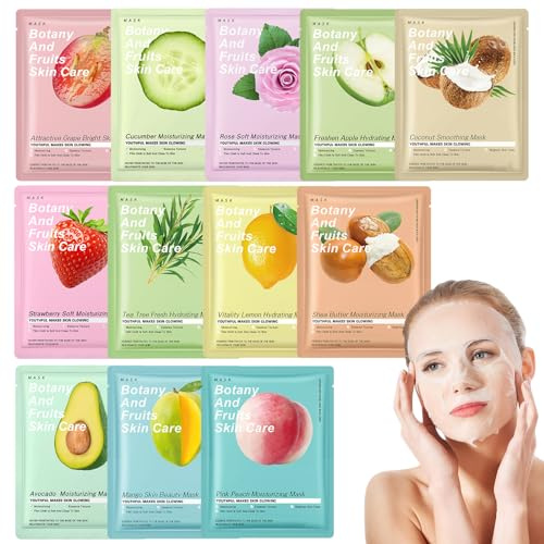 Benaewa 12 Pcs Daily Care Face Sheet Masks, Multipack Skincare Face Mask Set for Hydrating & Nourishing, Fruit Extract Facial Beauty