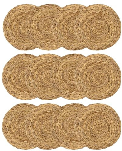 Intirilife 12x Platzset aus Seegras - Wasserhyazinthe -30 cm Rund - abwischbare Tischuntersetzer in Natur, hitzebeständig, rutschfest, geflochtene Platzdeckchen
