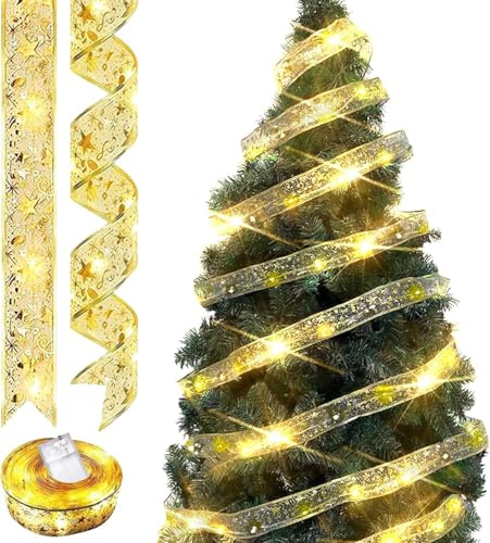 Weihnachtsband Lichter, 5cm x 10m Goldenes Band Weihnachtsbaum Band Weihnachtsband Spitzenband Dekor Glänzendes Bands Für Weihnachten Garten Urlaub Party Weihnachtsbaum