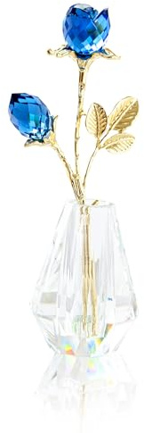 Sinitin Figurine de tulipes bleues à collectionner, petite rose en verre de cristal, rose bleue avec tiges, fleurs en verre dans un vase en cristal, décoration d'intérieur pour fête de mariage, cadeau