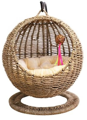Handcrafted Rattan Cat Basket - Cozy Hanging Bed for Felines - Woven Pet Furniture with Soft Cushion and Teasing Toy - Stylish Indoor Cat House - Natural Fiber Kitty Retreat (Suitable for 2.5kg)