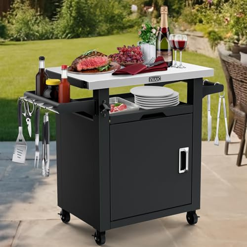NUUK Grill Table with Storage Cabinet, Outdoor Bar Cart Pizza Oven Table with Wheels, Stainless Steel Top Kitchen Island 20 x 30 Rolling Prep Station for Indoor, BBQ, Deck, Backyard