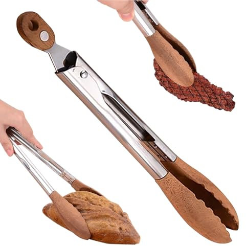 Peach Wood Kitchen Tongs - 9 & 12 inch, Smart Lock Clip, BBQ & Serving