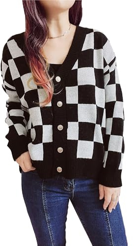 Qolkmuiy-GJ Women's Color Blocking Checkerboard Sweater Autumn Winter Knitted Cardigan Jacket Single Breasted Cable Knit Coat (Black,XL)
