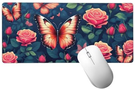 Tapis de Souris Papillon Tapis de Souris XXL 1400 x 600 mm, Grand sous Main Bureau Gaming avec Bords Surpiqués et Dos Antidérapant, Rose Mouse Pad Gamer pour Clavier et Souris, Cadeaux Hommes H-487