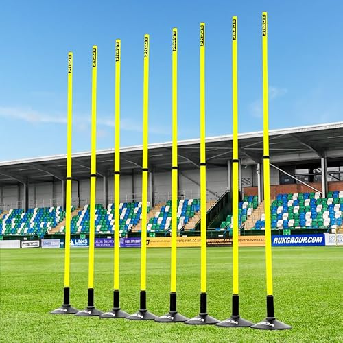 FORZA Teleskopiska slalomstänger | Justerbara 8-pack träningsstänger för sportborrar och smidighet – flera färger (med baser, fluorgul)