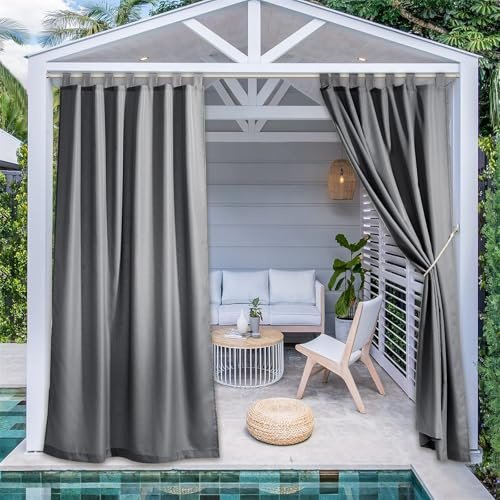 LINGKY Outdoor Vorhang mit Klettverschluss Schlaufenschal Blickdicht 2er Set Pavillon Vorhänge Sichtschutz & Sonnenschutz Outdoor Gardinen Wasserdicht, H 274 x B 132 cm, Grau
